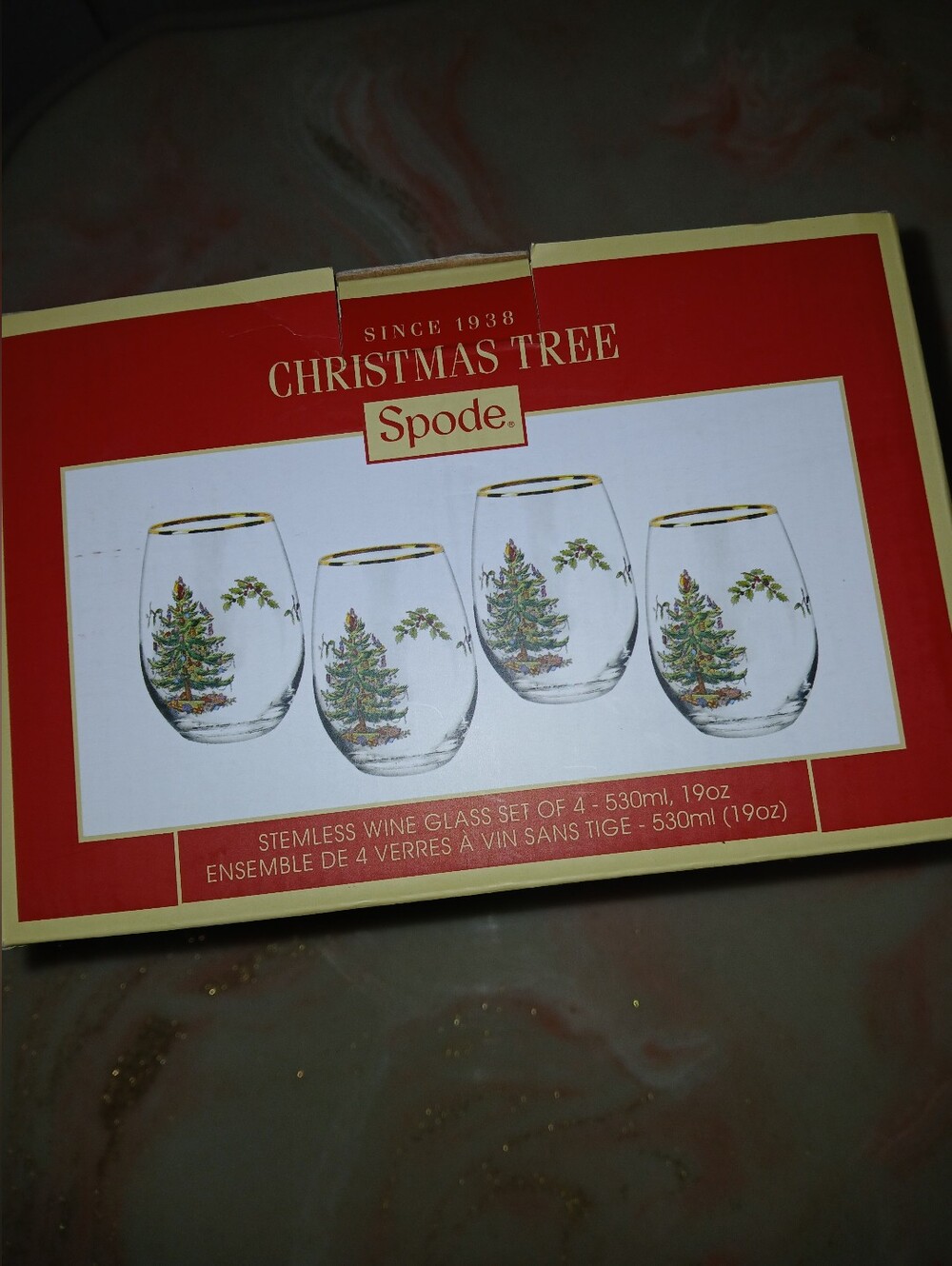 Spode X'mas Tree Seasonal Collection. Set of 4 Stemless Wine Glasses Gold Trim